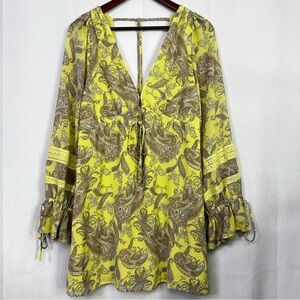 Urban Outfitters Mini Dress Paisley Boho Tie Long Sleeve XL Womens Summer Yellow
